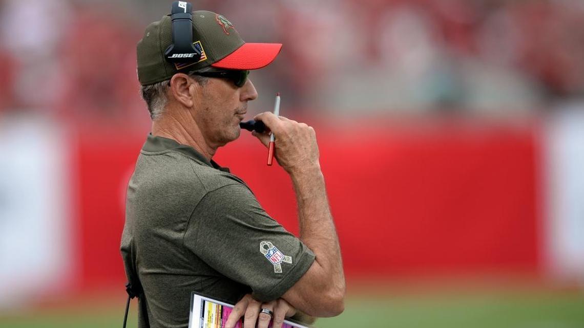 Tampa Bay Buccaneers head coach Dirk Koetter, seen during the second half of an NFL football game against the New York Jets Sunday.