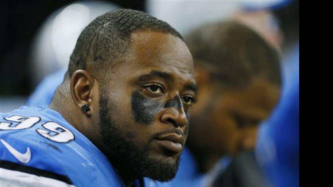 
Detroit Lions defensive tackle C.J. Mosley sits on the bench during the second half against the New Orleans Saints in Detroit on Oct. 19, 2014. 
