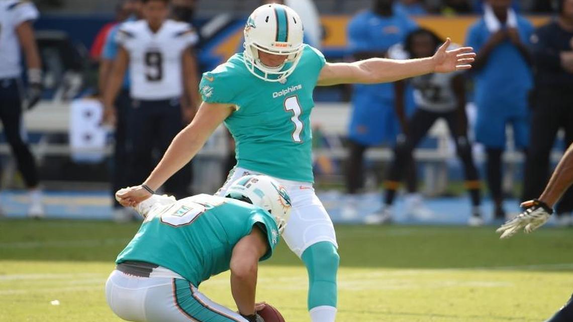 Miami Dolphins kicker Cody Parkey (1) kicks a field goal during the second half of an NFL football game against the Los Angeles Chargers Sunday, Sept. 17, 2017, in Carson, Calif.