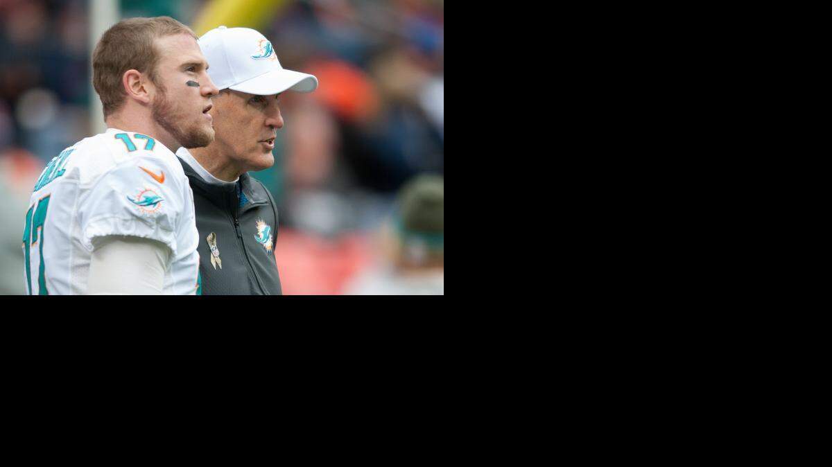 
Coach Joe Philbin of the Miami Dolphins has a word with quarterback Ryan Tannehill before a game against the Denver Broncos on Nov. 23, 2014 in Denver. 
