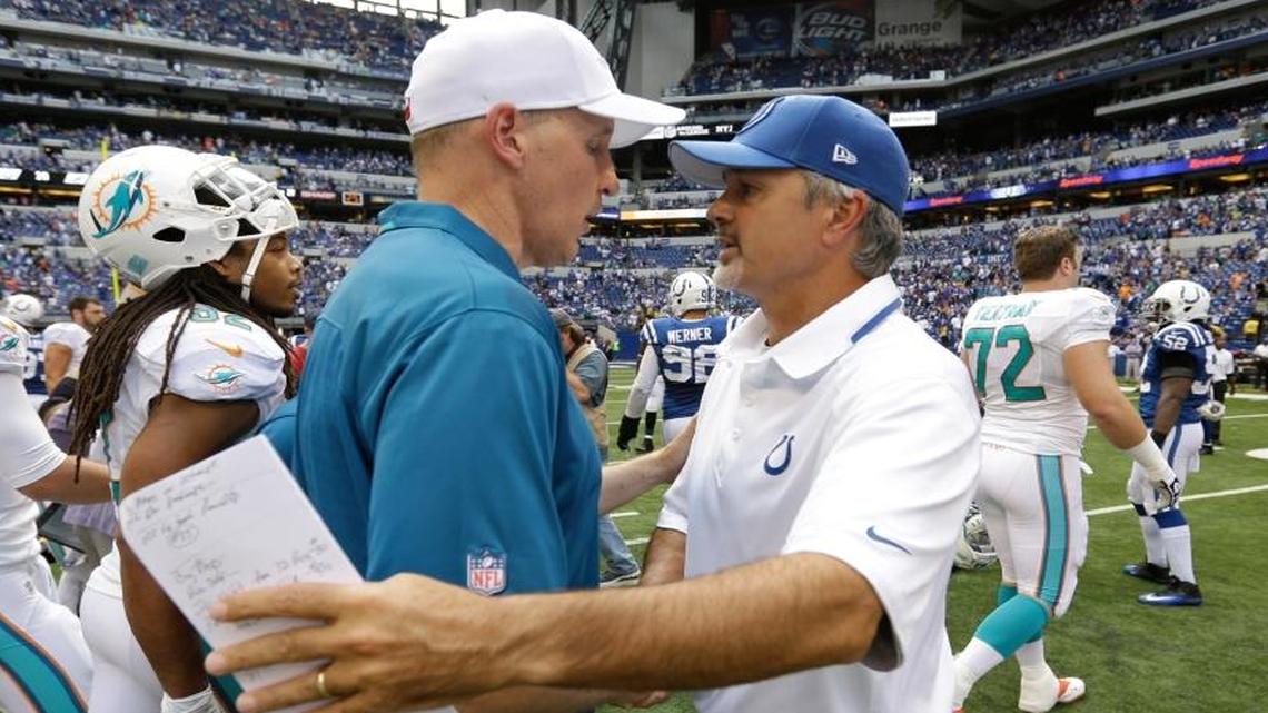 Indianapolis Colts head coach Chuck Pagano congratulates Miami Dolphins head coach Joe Philbin following an NFL football game Sunday, Sept. 15, 2013, in Indianapolis. Miami defeated Indianapolis 24-20.