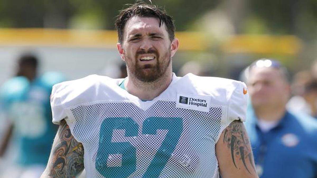 
Daryn Colledge is shown at Miami Dolphins training camp on Tuesday, July 29, 2014.
