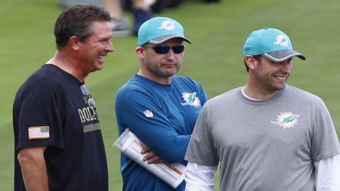 Darren Rizzi, center, between Dan Marino and Adam Gase, is trying to straighten out his special teams.