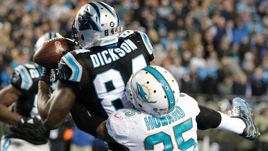 Carolina Panthers' Ed Dickson (84) catches touchdown pass against Miami Dolphins' Xavien Howard (25) in the first half of Monday’s game. Howard has struggled in his second season.