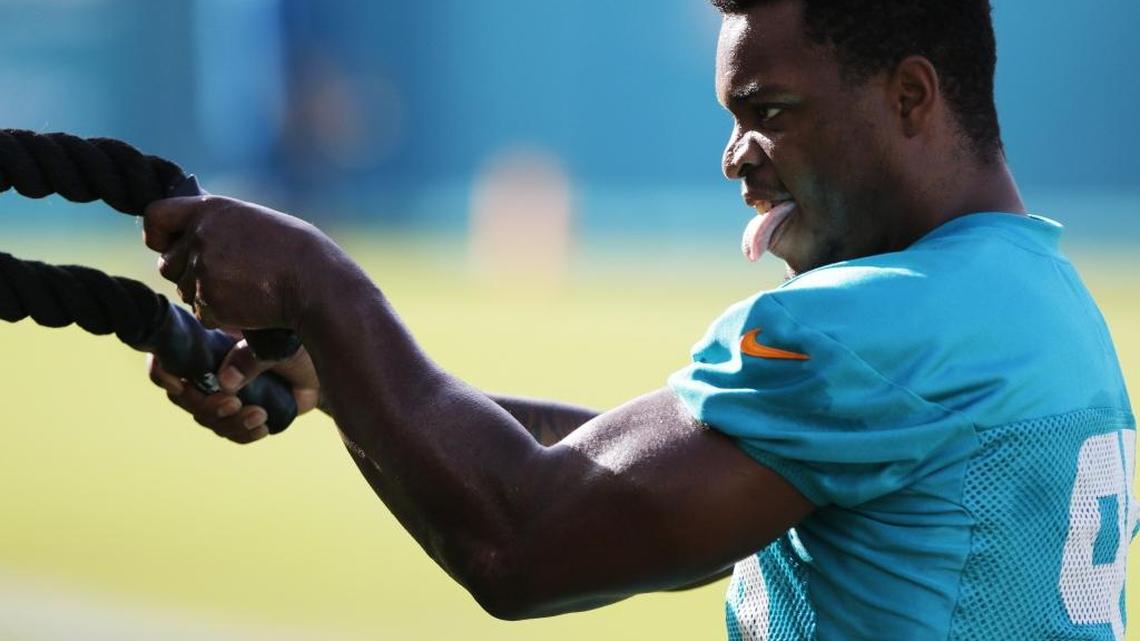 Dolphins defensive end Dion Jordan, shown training on the sidelines during training camp on July 31, 2016, needed to have a second procedure on his left knee, and there is no timetable for his return.