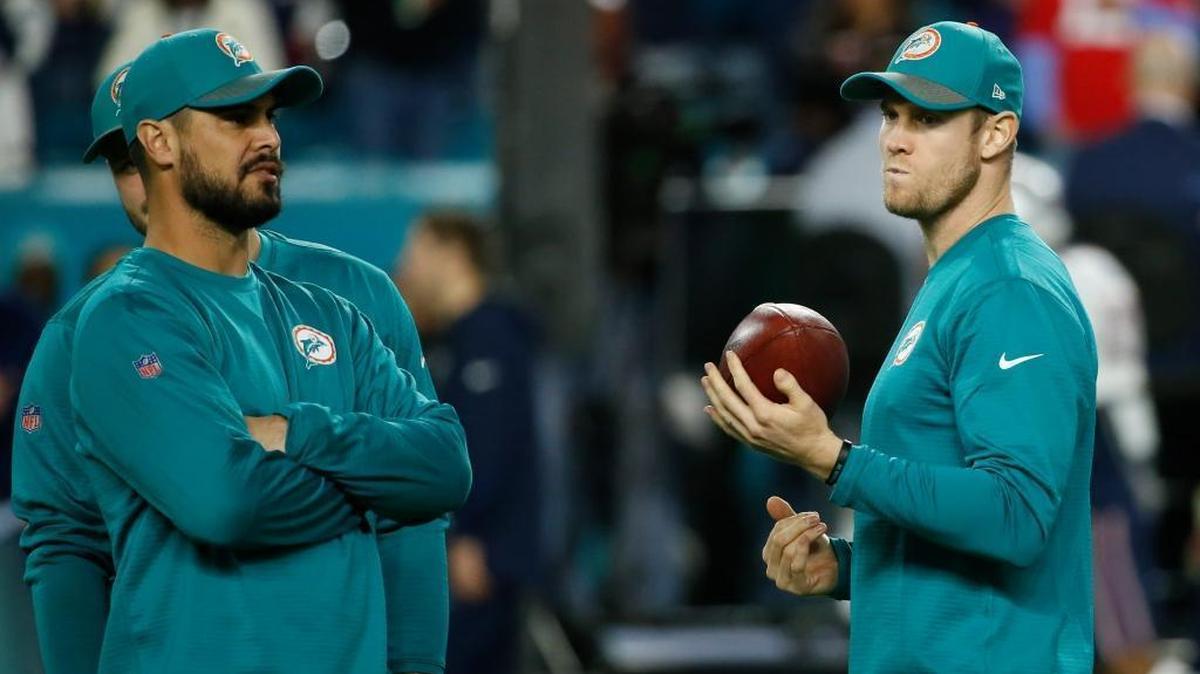 Ryan Tannehill, right, shown with Matt Moore, is on schedule to be ready for the 2018 season.