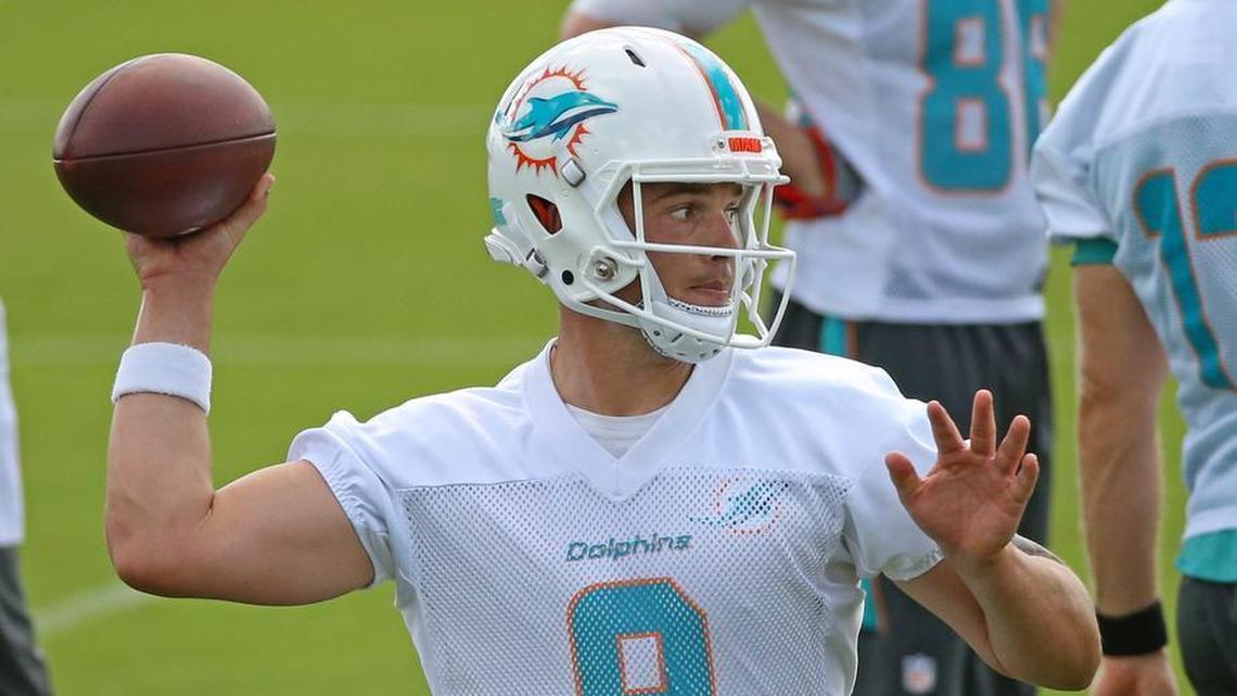Miami Dolphins quarterback David Fales throws a pass at a recent practice. Fales has been the most impressive of the contenders for the backup quarterback job.
