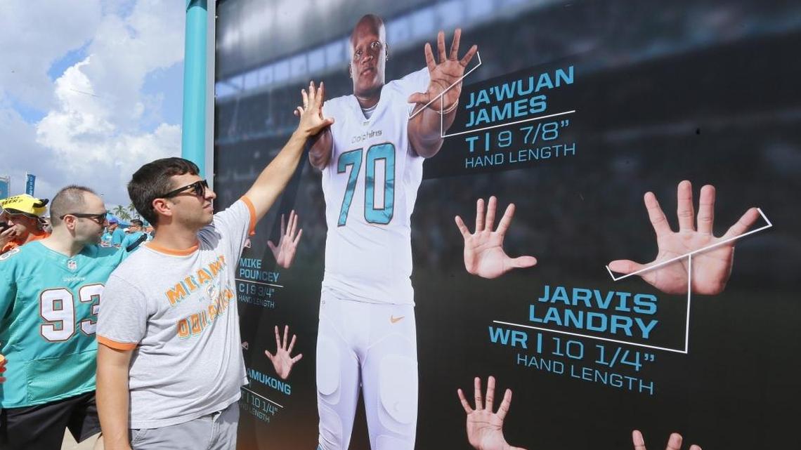 RJ Kristof compares the size of his hands with Miami Dolphins tackle Ja'Wuan James (70) as the Miami Dolphins host the Cleveland Browns in the home opener at refurbished Hard Rock Stadium on Sunday, September 25, 2016.