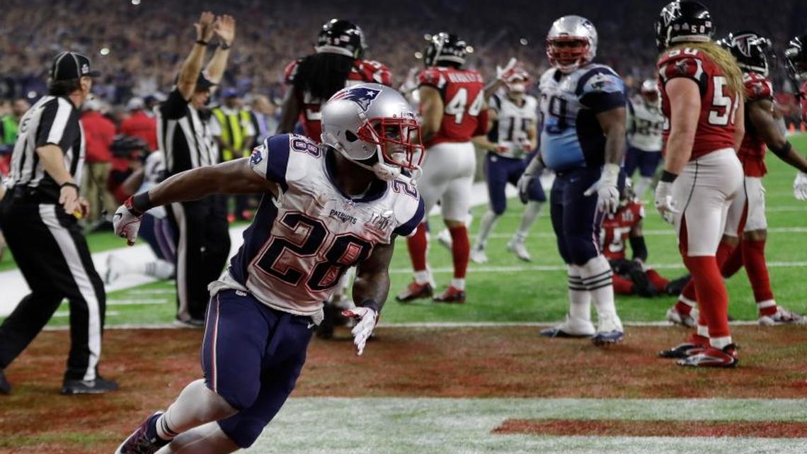 New England Patriots' James White celebrates after scoring the winning touchdown during overtime of the NFL Super Bowl 51 football game against the Atlanta Falcons, Sunday, Feb. 5, 2017, in Houston.