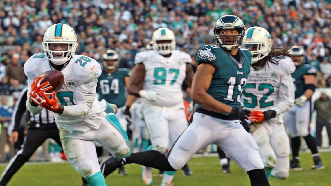 Miami Dolphins Reshad Jones intercepts the ball in the Eagles’ endzone to stop a game winning drive in the fourth quarter as Philadelphia Eagles the intended receiver Miles Austin watches at Lincoln Financial Field in Philadelphia, Penn., November 15, 2015.