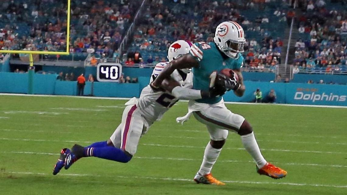 Miami Dolphins receiver Jarvis Landry (14) catches the ball near the goal line against Buffalo in Miami’s final game of 2017. The Dolphins are placing the franchise tag on him.