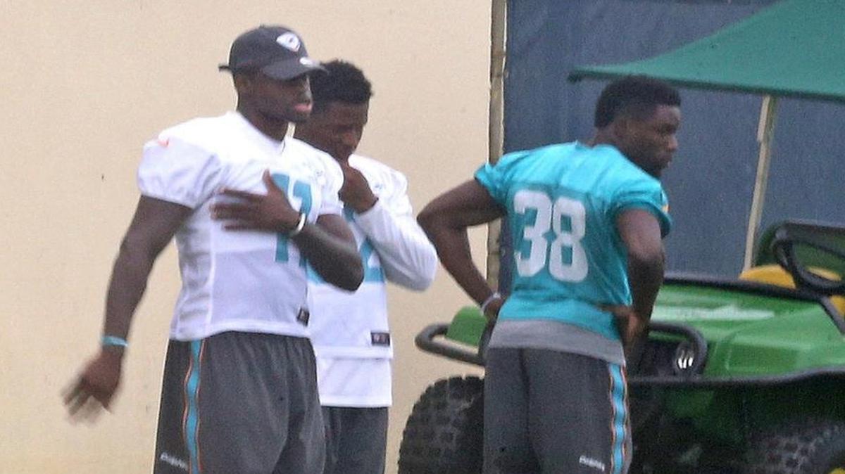 Receiver DeVante Parker (11), is still sidelined with a injury at the Miami Dolphins training facility.