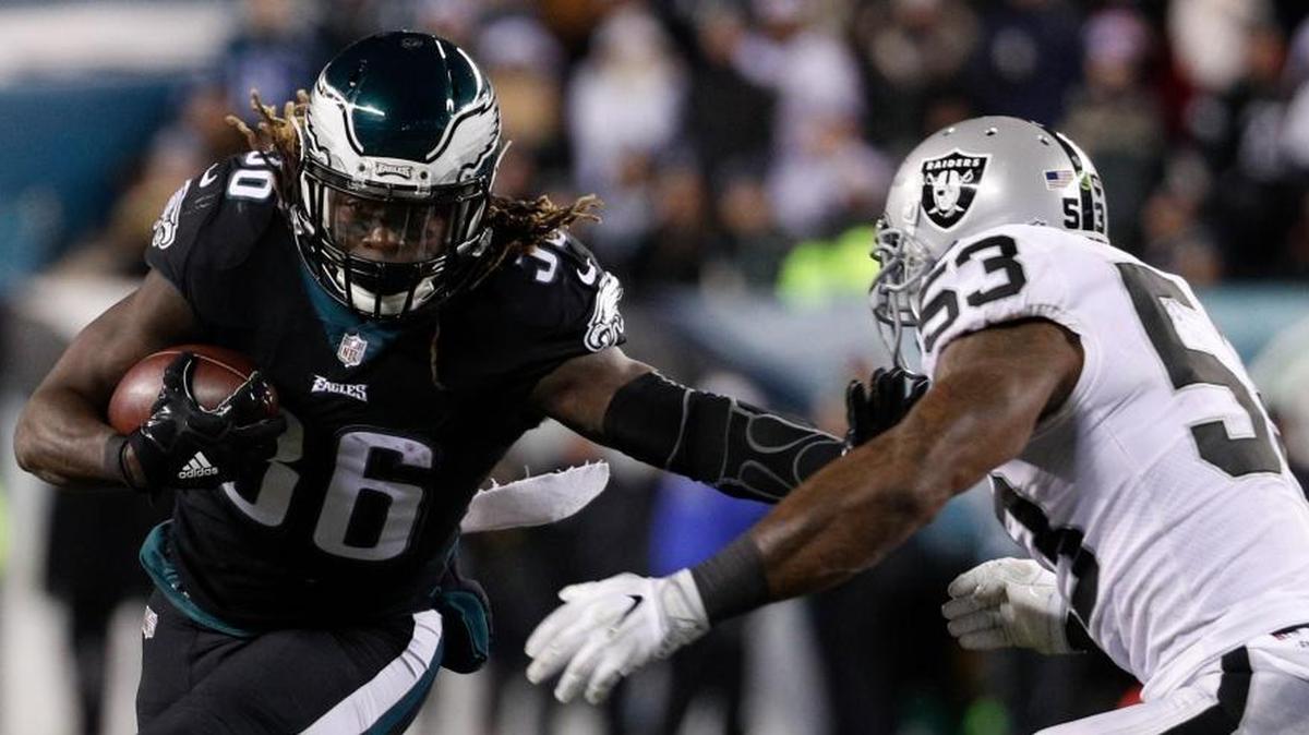 Philadelphia Eagles' Jay Ajayi (36) in action against Oakland Raiders' NaVorro Bowman (53) during an NFL football game on Dec. 25, 2017, in Philadelphia. Philadelphia won 19-10.