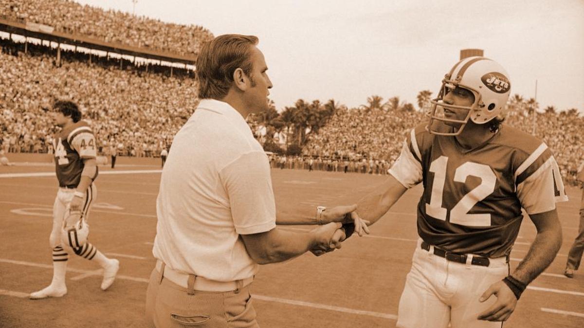 Miami coach Don Shula greets New York quarterback Joe Namath following the Dolphins 28-24 win at the Orange Bowl on Nov. 19, 1972. The Dolphins went to 11-0 with the victory.