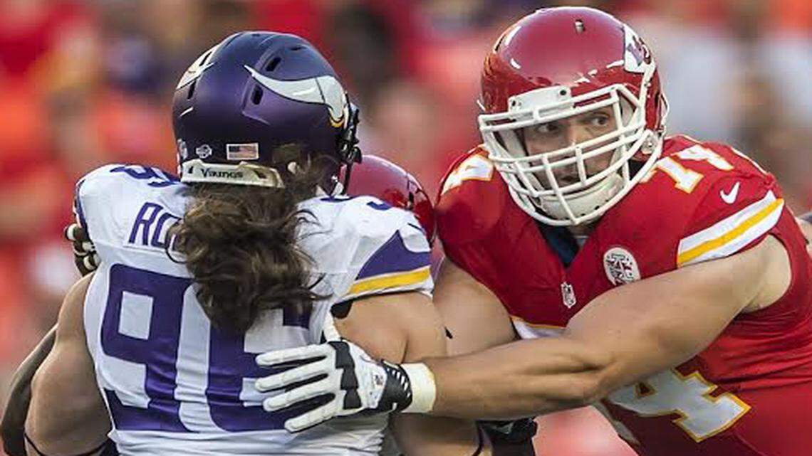 
Kansas City Chiefs guard Jeff Linkenbach (74) blocks Minnesota Vikings defensive end Brian Robison during NFL preseason action Aug. 23, 2014 at Arrowhead Stadium in Kansas City, Mo.
