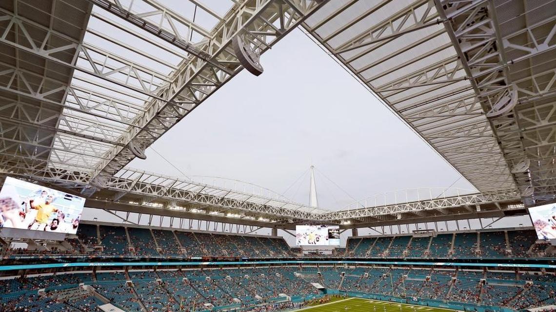 The newly renovated Hard Rock Stadium canopy covers the fans as the Miami Dolphins play the Tennessee Titans in Miami Gardens on September 1, 2016.