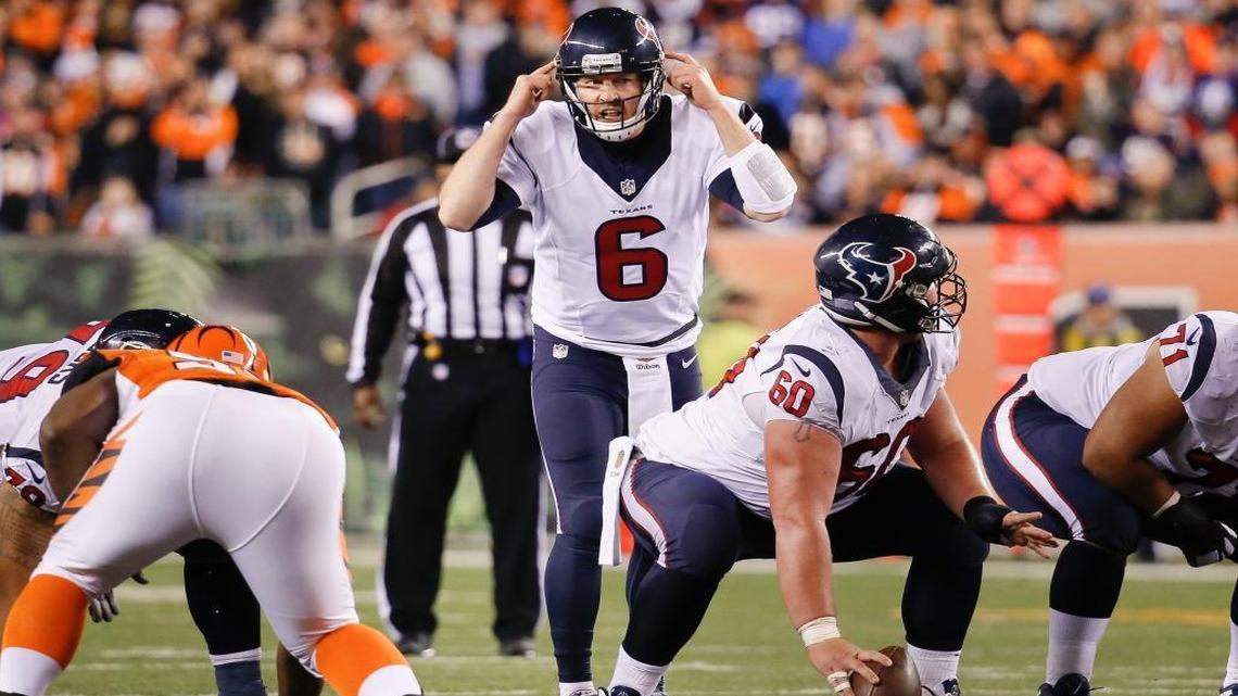Quarterback T.J. Yates signals to his players at the line of scrimmage in the second half of an NFL football game against the Cincinnati Bengals on Nov. 16, 2015.