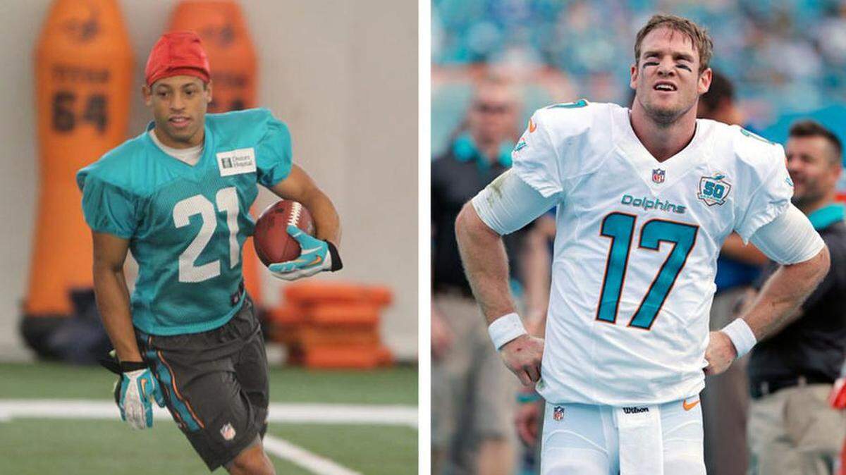 Controversy has erupted around the Miami Dolphins lockerroom after comments made by Miko Grimes, wife of cornerback Brent Grimes (left), directed at quarterback Ryan Tannehill.