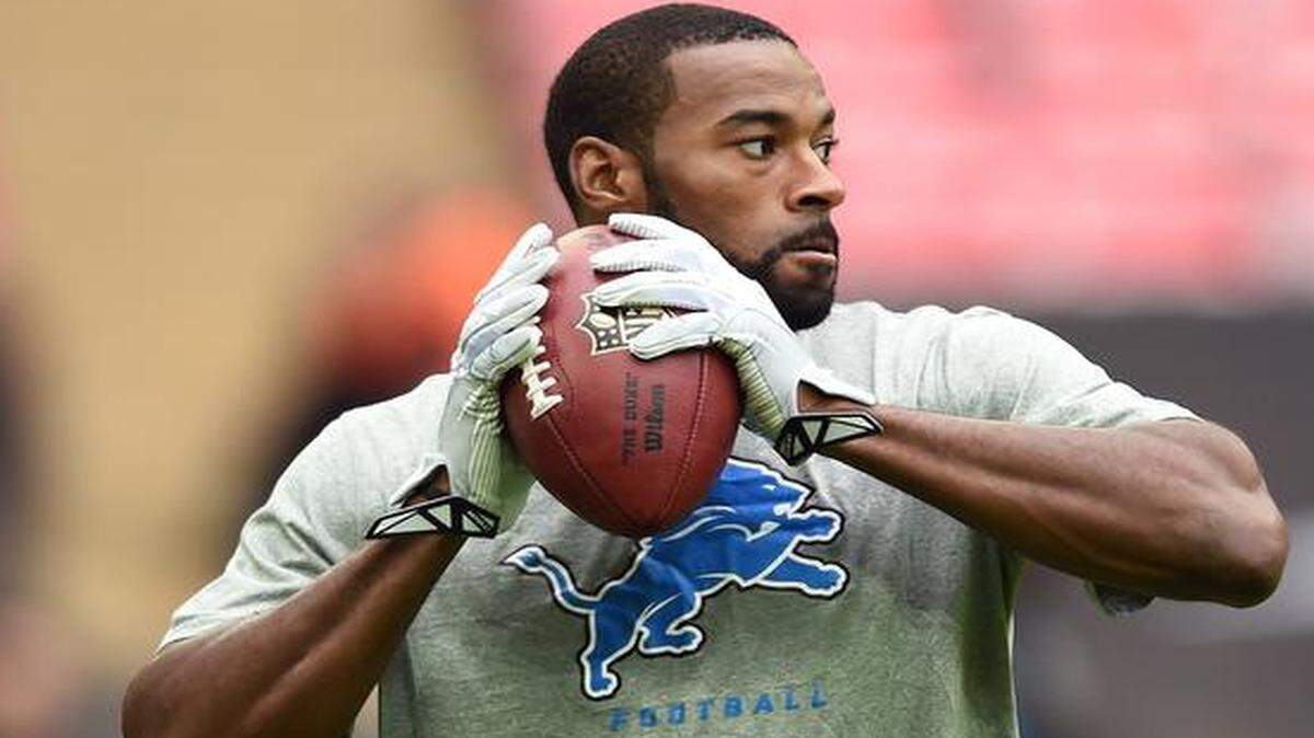 
Detroit Lions wide receiver Calvin Johnson (81) throws the ball before a game against the Atlanta Falcons at Wembley Stadium, London, Sunday, Oct. 26, 2014. 
