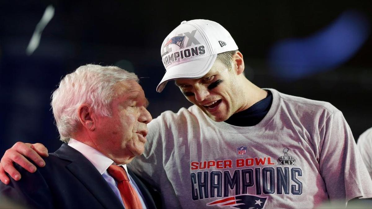 
New England Patriots quarterback Tom Brady, right, celebrates with owner Robert Kraft after Super Bowl XLIX against the Seattle Seahawks Sunday, Feb. 1, 2015, in Glendale, Ariz. The Patriots won 28-24.
