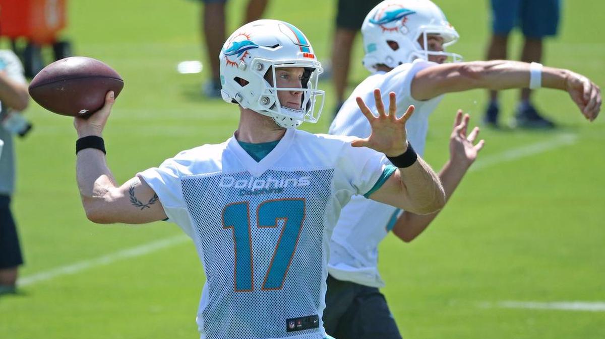 Miami Dolphins quarterbacks Ryan Tannehill #17 throws during the Miami Dolphins Organized Team Activities at the Baptist Health Training Facility at Nova Southeastern University on June 6.