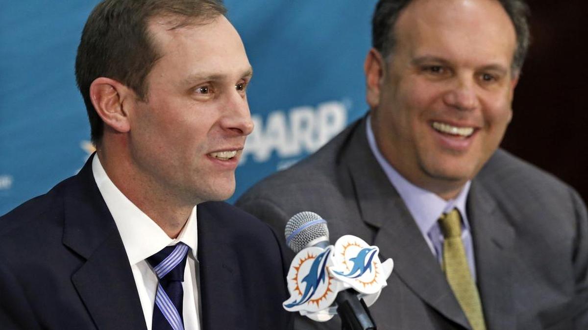 Miami Dolphins new head coach Adam Gase, left, with Mike Tannenbaum, vice president of football operations. Gase is the12th head coach in franchise history on Saturday, January 9, 2016 at the Miami Dolphins Training Facility in Davie.