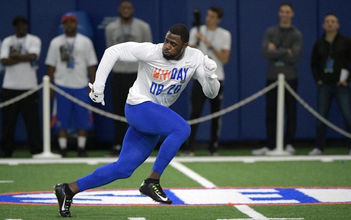 Defensive back Marcus Maye runs through a drill during Florida's NFL Pro Day in late March.