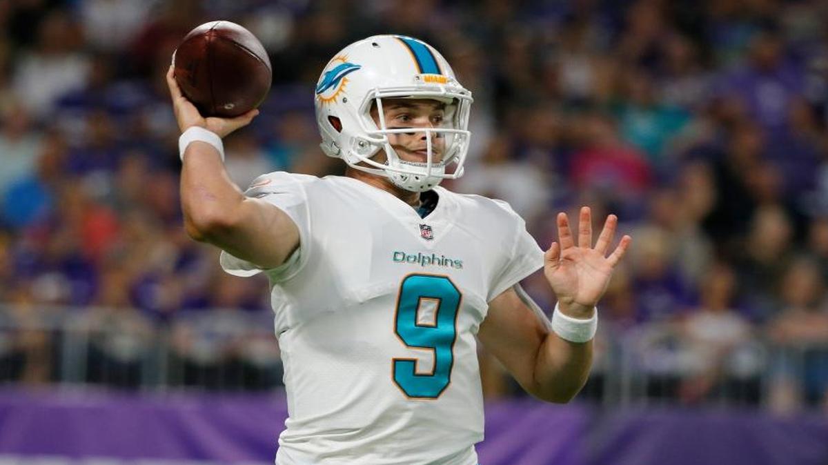 Miami Dolphins quarterback David Fales throws a pass during the first half of an NFL preseason football game against the Minnesota Vikings, Thurs., Aug. 31, 2017, in Minneapolis.