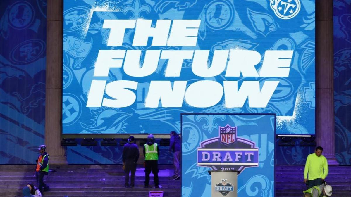 Workers make preparations ahead of the 2017 NFL football draft on the steps of the Philadelphia Museum of Art in Philadelphia, Tues., April 25, 2017.
