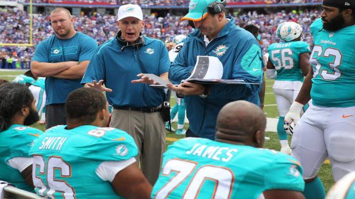
Miami Dolphins head coach Joe Philbin talks with the offensive line in the second quarter as the Buffalo Bills host the Miami Dolphins at Ralph Wilson Stadium on Sunday, Sept. 14, 2014.
