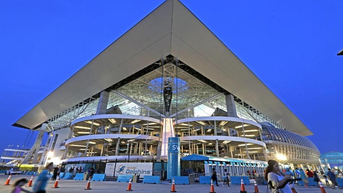 As the Miami Dolphins plays the Tennesee Titans, the newly renovated Hard Rock Stadium glows in the night in Miami Gardens, Florida, September 1, 2016.