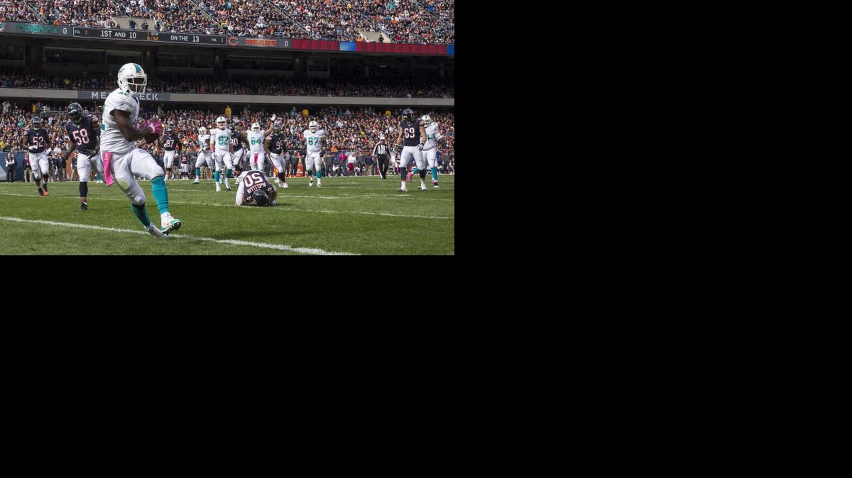 
Miami Dolphins tight end Charles Clay (42) makes a touchdown catch as Chicago Bears outside linebacker Shea McClellin (50) falls down during the first quarter on Sunday, Oct. 19, 2014, at Soldier Field in Chicago.
