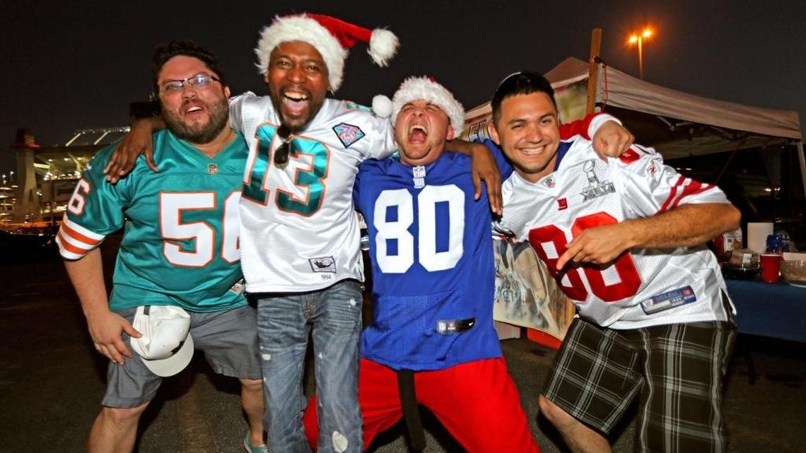 Luis Cromeyer, Nicholas Brown, Chris Ball and Roger Ball seemingly enjoying their tailgate in Miami Gardens prior to the Dolphins-Giants game on Dec. 14, 2015.