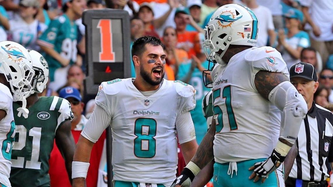 Miami Dolphins quarterback Matt Moore (8) yells in the endzone after a touchdown was called back in the fourth quarter as they play the New York Jets Sunday, Oct. 22, 2017, at Hard Rock Stadium in Miami Gardens, Fla.