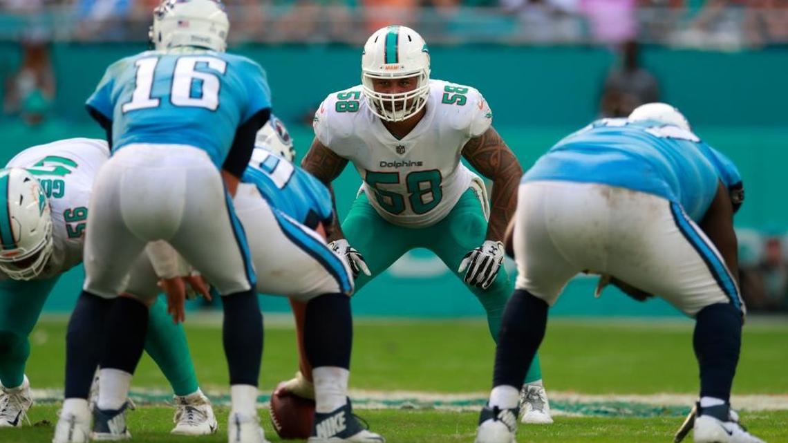 Miami Dolphins linebacker Rey Maualuga lines up against the Tennessee Titans Sunday.