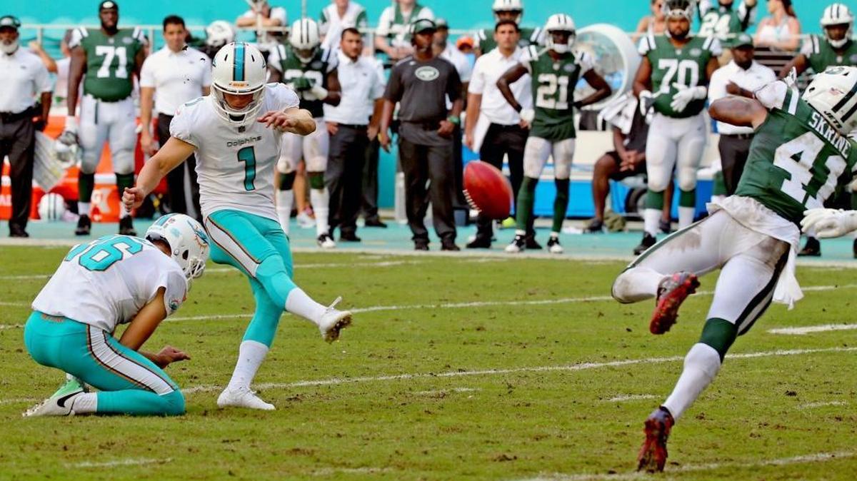 Miami Dolphins kicker Cody Parkey kicks the winning field goal in the final seconds of the fourth quarter to beat the Jets on Oct. 22.