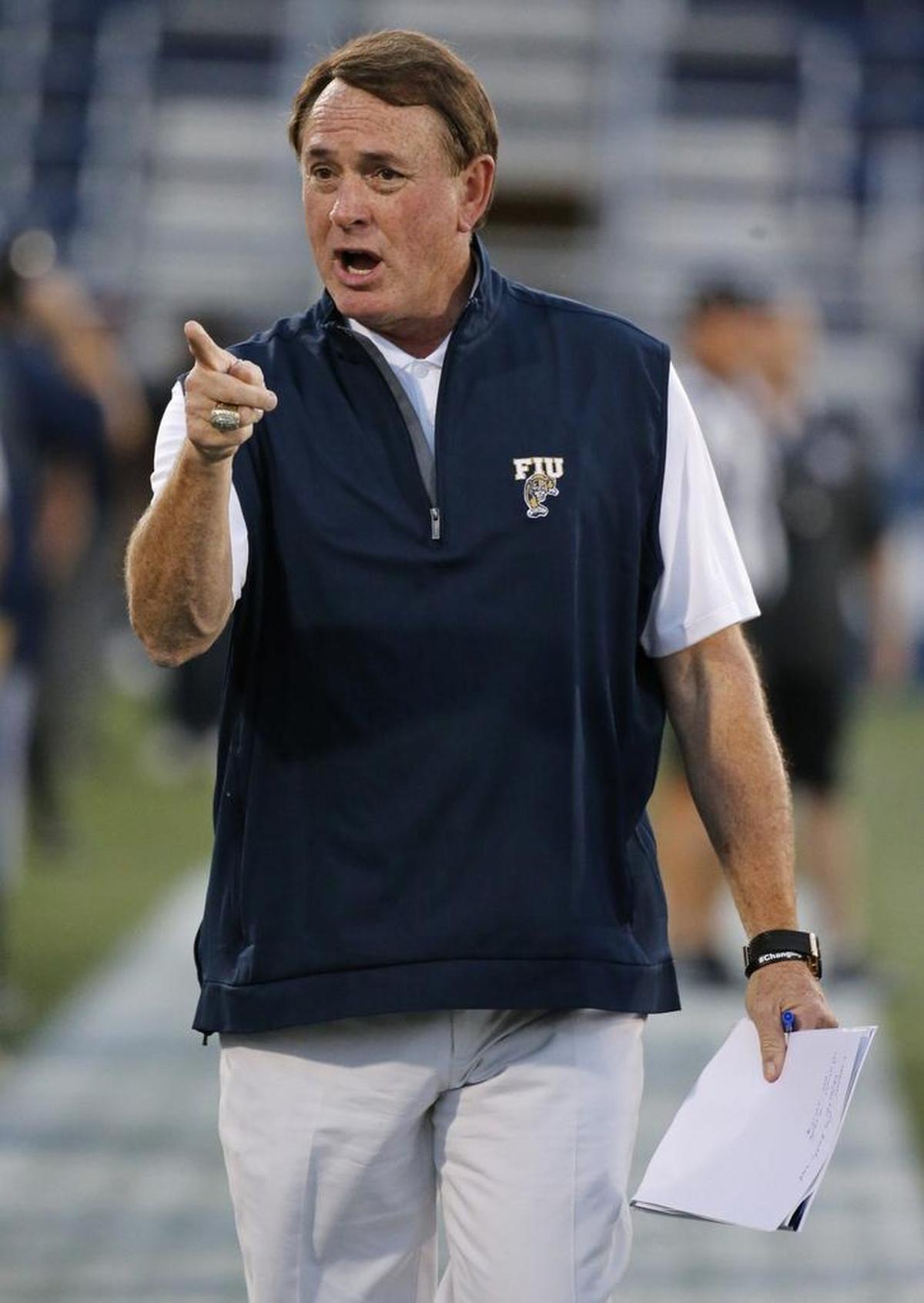 FIU coach Butch Davis works the sideline during the Panthers’ spring game on April 7.