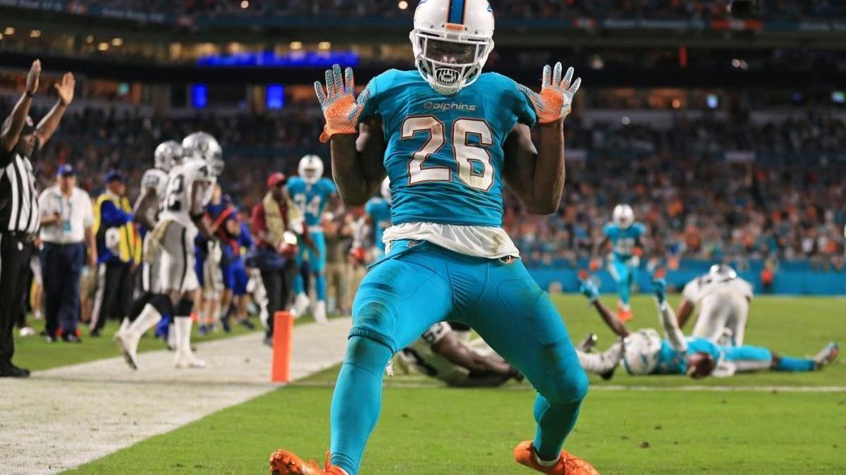 Dolphins running back Damien Williams celebrates after his first-half touchdown briefly gave Miami the lead.