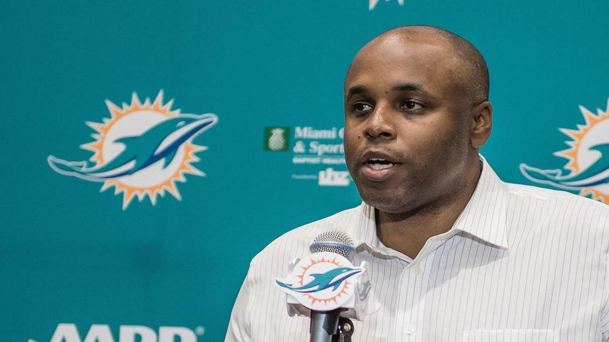 Chris Grier, new general manager of the Miami Dolphins, speaks during the 2015 NFL Draft on May 2, 2015.