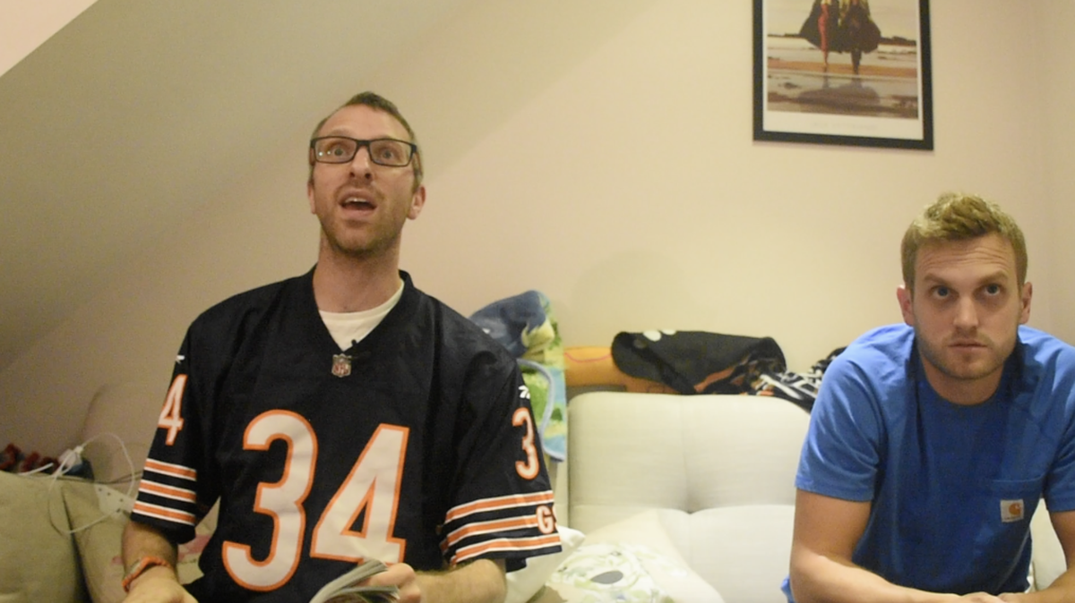 English NFL fan Adam Goldstein (left) watches his favorite team, the Chicago Bears, with Oxford student Andrew Badger on Sunday, Sept. 24 in Oxford, England.