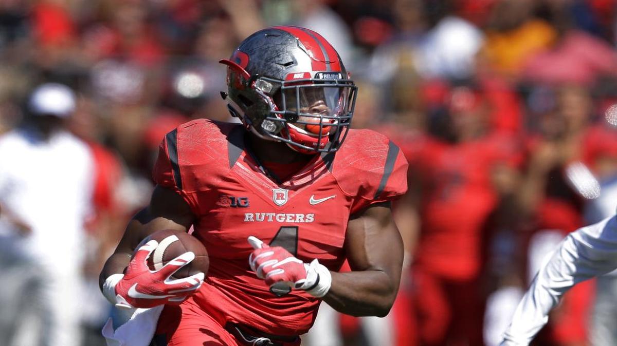 In this Saturday, Sept. 5, 2015 file photo, Rutgers wide receiver Leonte Carroo (4) runs with the ball during an NCAA college football game against Norfolk State in Piscataway, N.J.