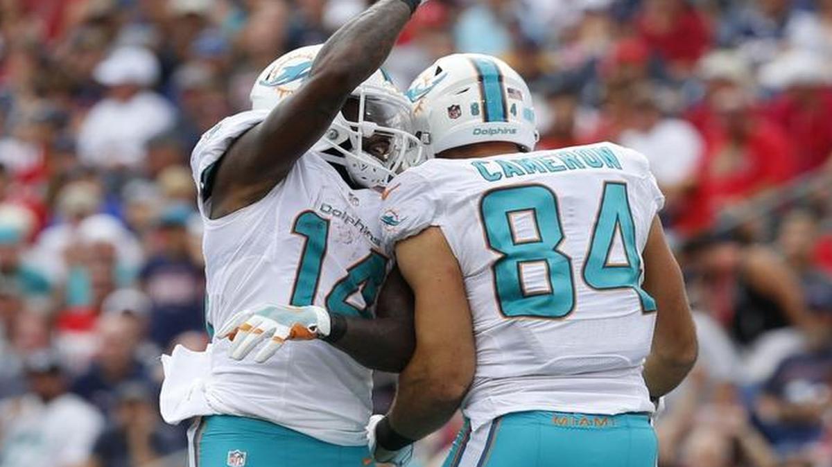 Miami Dolphins tight end Jordan Cameron (84) celebrates his touchdown with wide receiver Jarvis Landry Sunday.