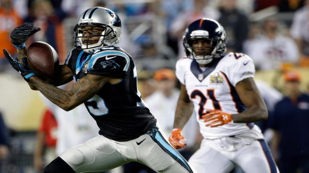 Carolina Panthers Ted Ginn Jr. (19) catches a pass in front of Denver Broncos Aqib Talib (21) during the second half of the NFL Super Bowl 50 football game Sunday, Feb. 7, 2016, in Santa Clara, Calif.