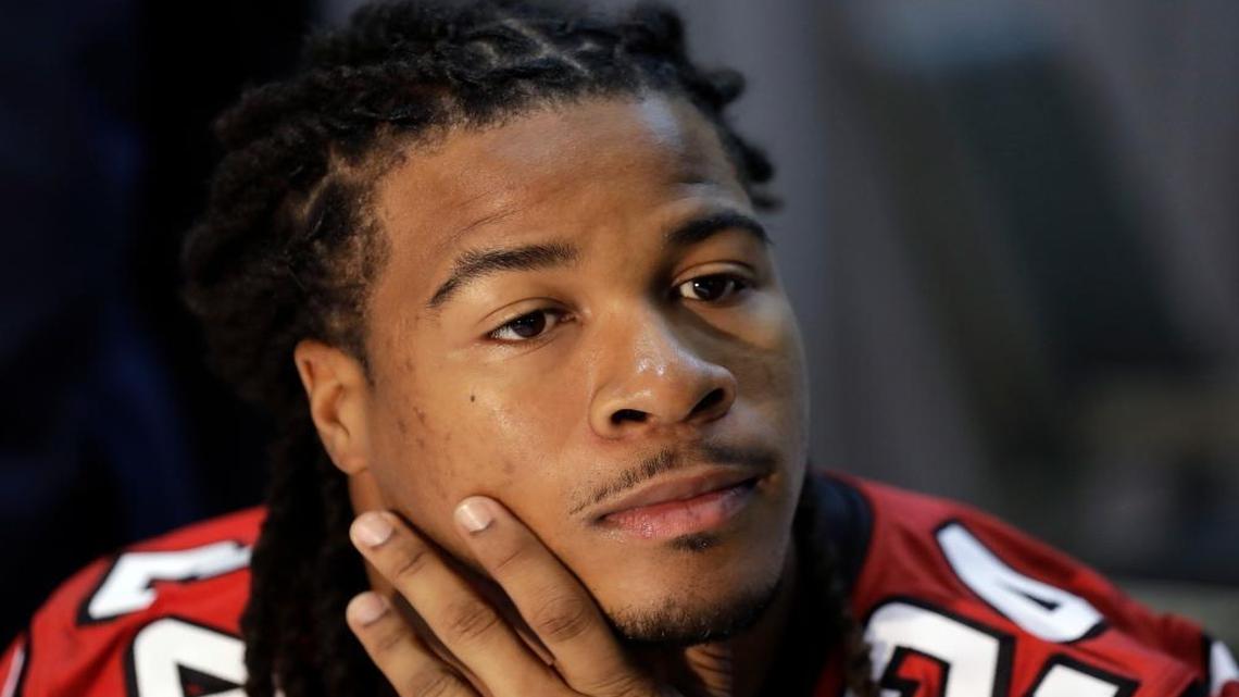 Atlanta Falcons running back Devonta Freeman listens to a question during Thursday’s Super Bowl media availability.