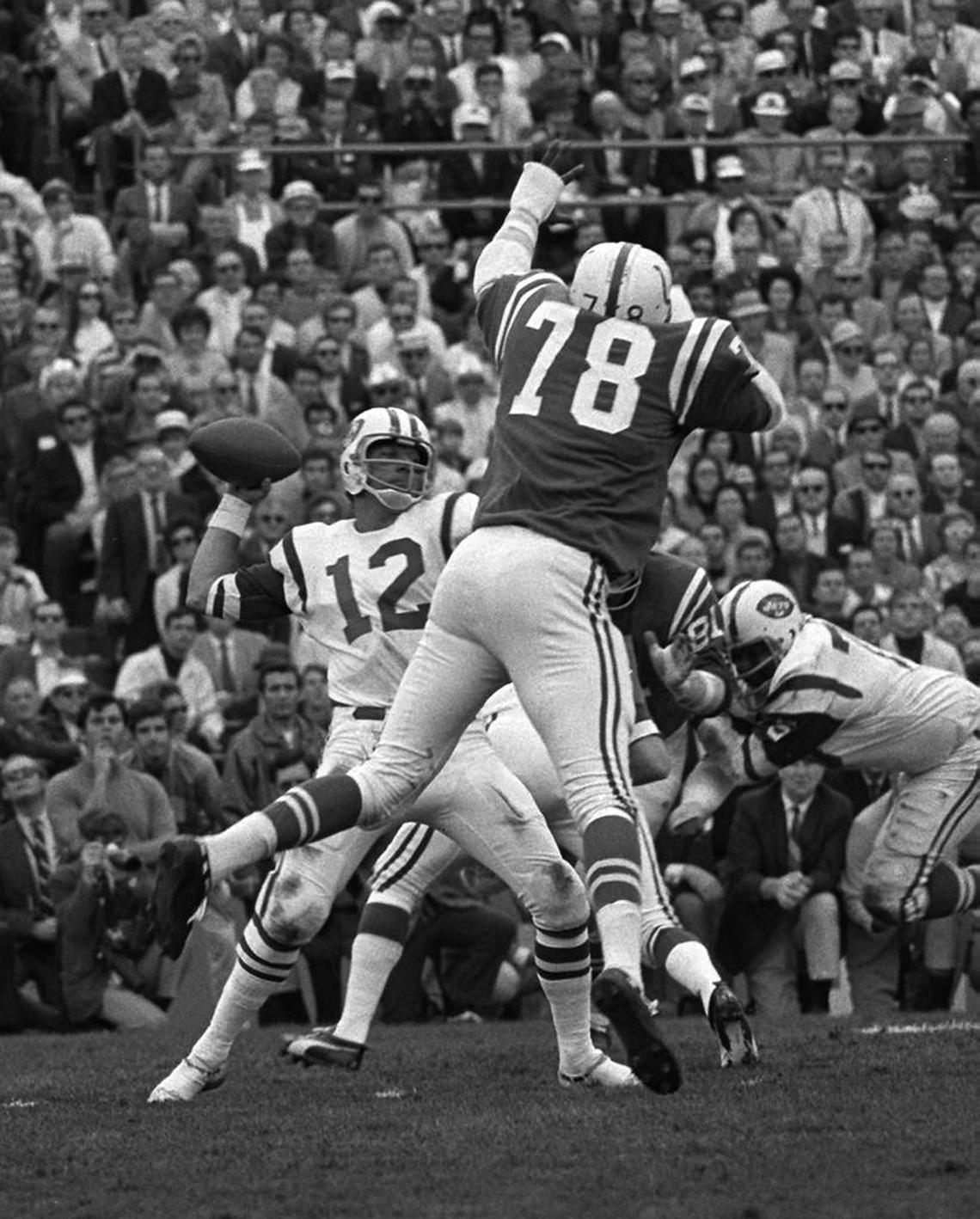 Baltimore defensive end Bubba Smith, 6-7, was big, but New York Jets quarterback Joe Namath was huge in the landmark Super Bowl III upset of the Colts, 16-7, in the Orange Bowl.