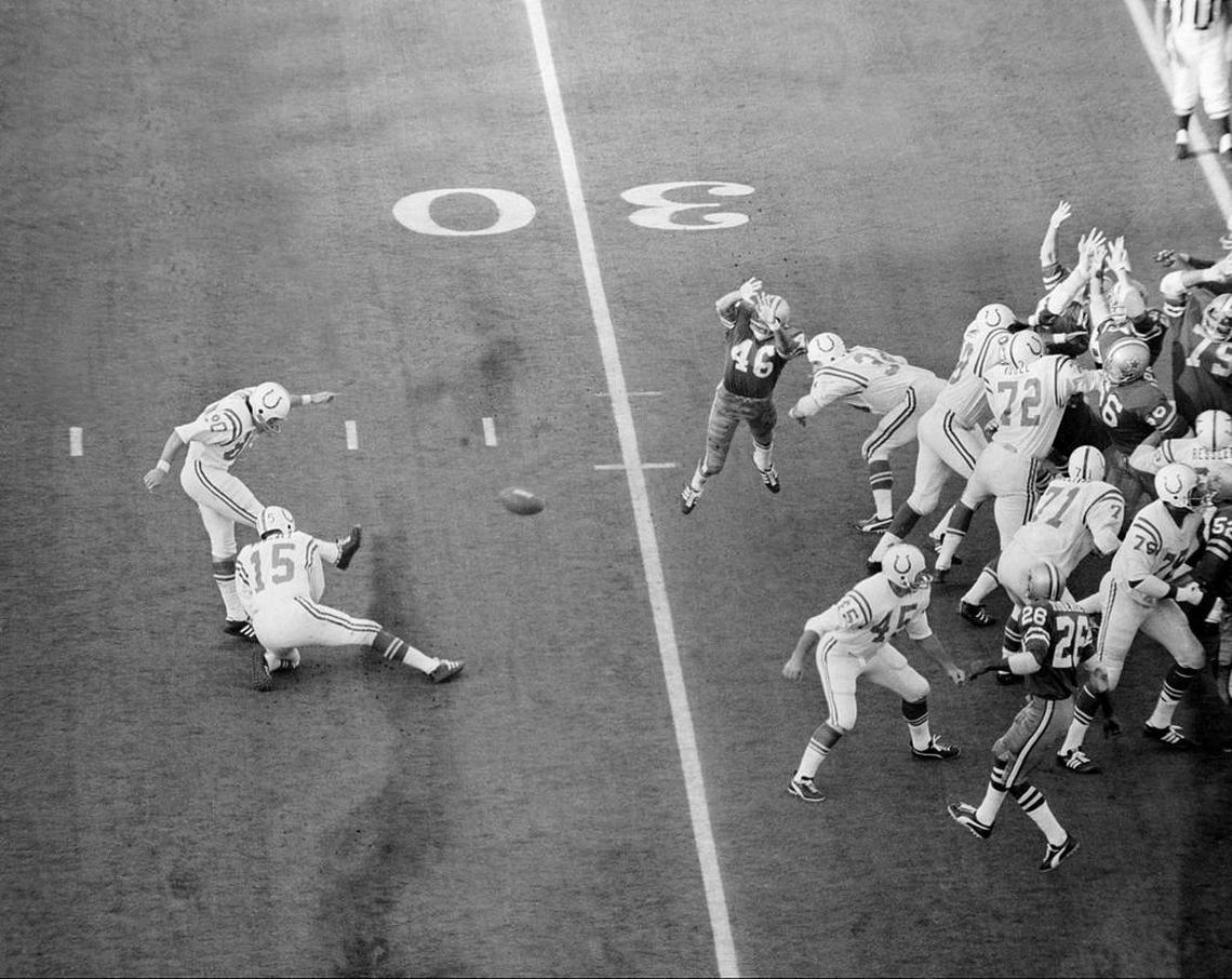 Baltimore wide receiver/kicker Jim O'Brien kicks the game-winning, 32-yard field goal with nine seconds left in Super Bowl V at the Orange Bowl. Future Dolphins backup quarterback Earl Morrall (15) held. Dallas’ Mark Washington (46) who blocked an extra point earlier in the game, jumps in vain here. Sports Illustrated’s Tex Maule called it “one of the few plays of the day that worked as it was supposed to.”