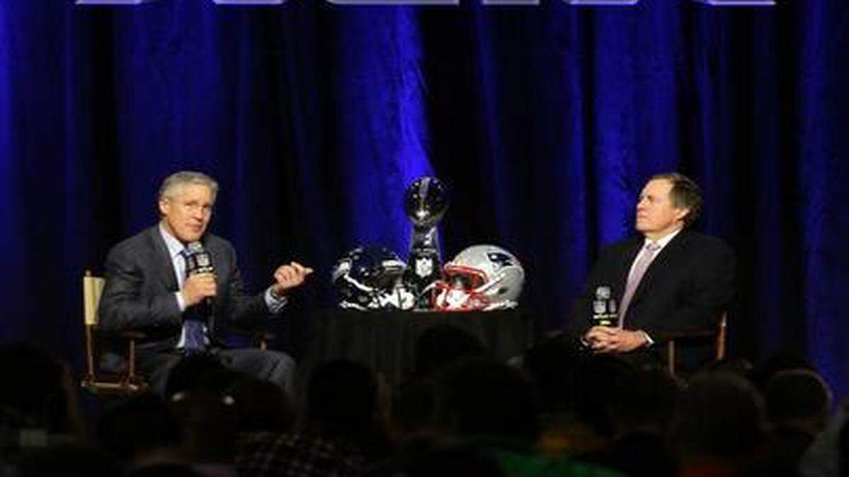 
On the line: Seattle’s Pete Carroll, left, is trying to join a select group of coaches to win back-to-back Super Bowls, and New England’s Bill Belichick is trying to tie Chuck Noll for the most Super Bowl wins with four. 

