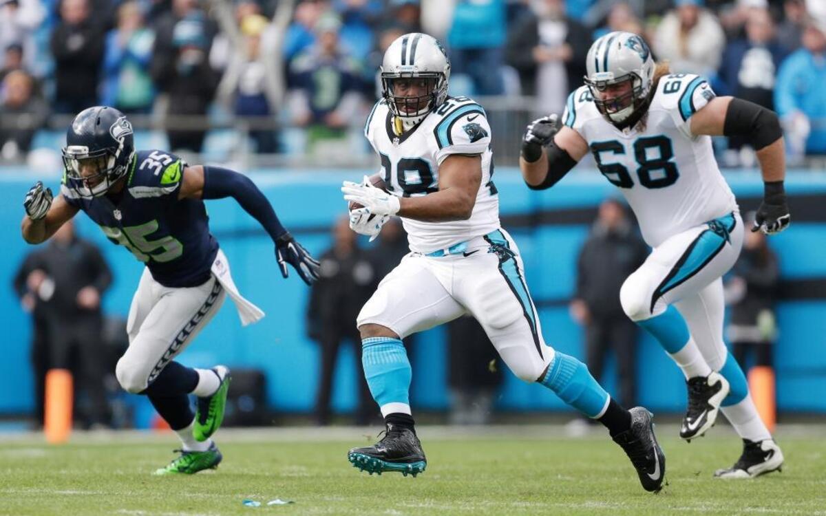 Carolina Panthers running back Jonathan Stewart (28) runs against the Seattle Seahawks during the first half of an NFL divisional playoff football game in Charlotte, N.C. The Panthers haven't missed a beat since releasing their all-time leading rusher Deangelo Williams in the offseason in large part because of the way Jonathan Stewart has stepped up.