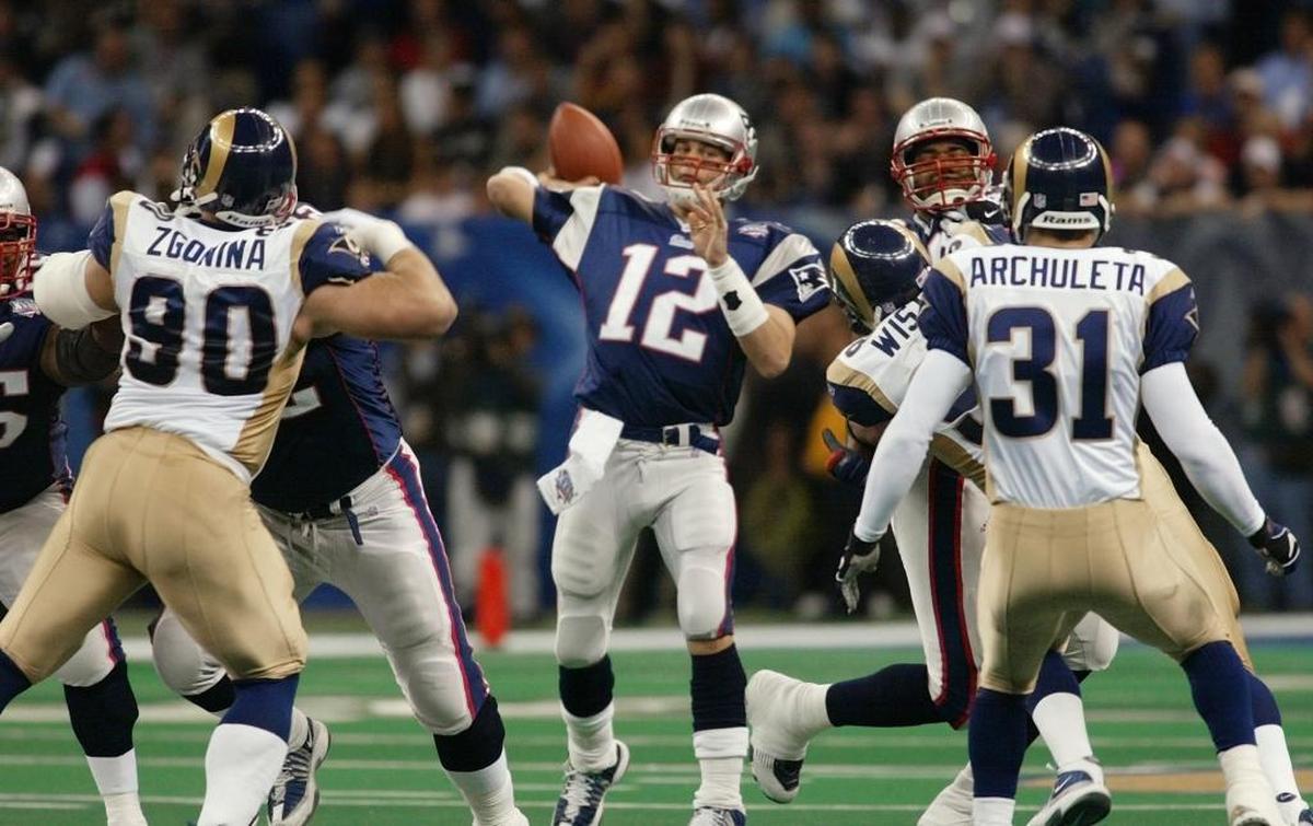 Patriots quarterback Tom Brady during the third quarter of New England’s Super Bowl XXXVI upset of the St. Louis Rams, one of the great games in Super Bowl history and one of the most pivotal games in NFL history.