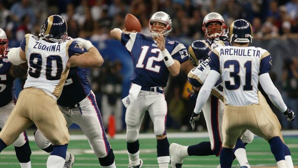 Patriots quarterback Tom Brady during the third quarter of New England’s Super Bowl XXXVI upset of the St. Louis Rams, one of the great games in Super Bowl history and one of the most pivotal games in NFL history.